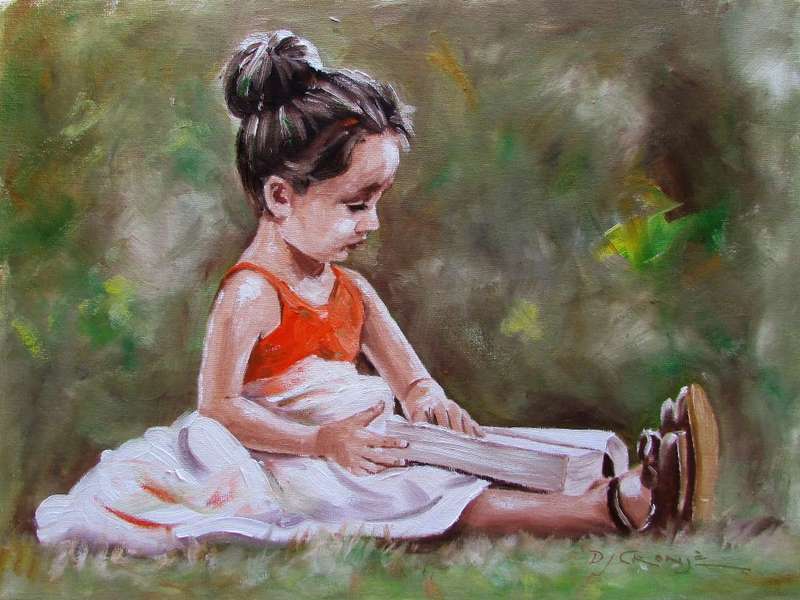 Reading, oil painting by Danie Cronje, blocked canvas, unframed